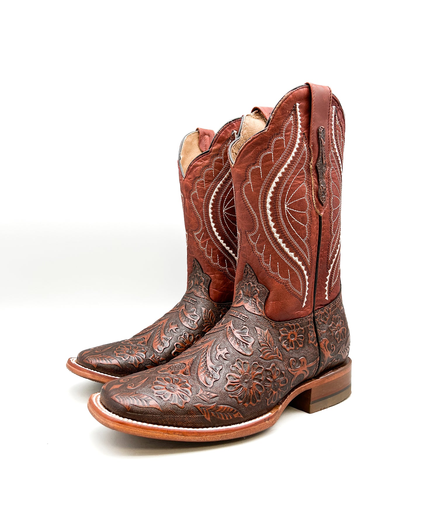 "COGNAC" TOOLED LEATHER | MEN SQUARE TOE WESTERN COWBOY BOOTS