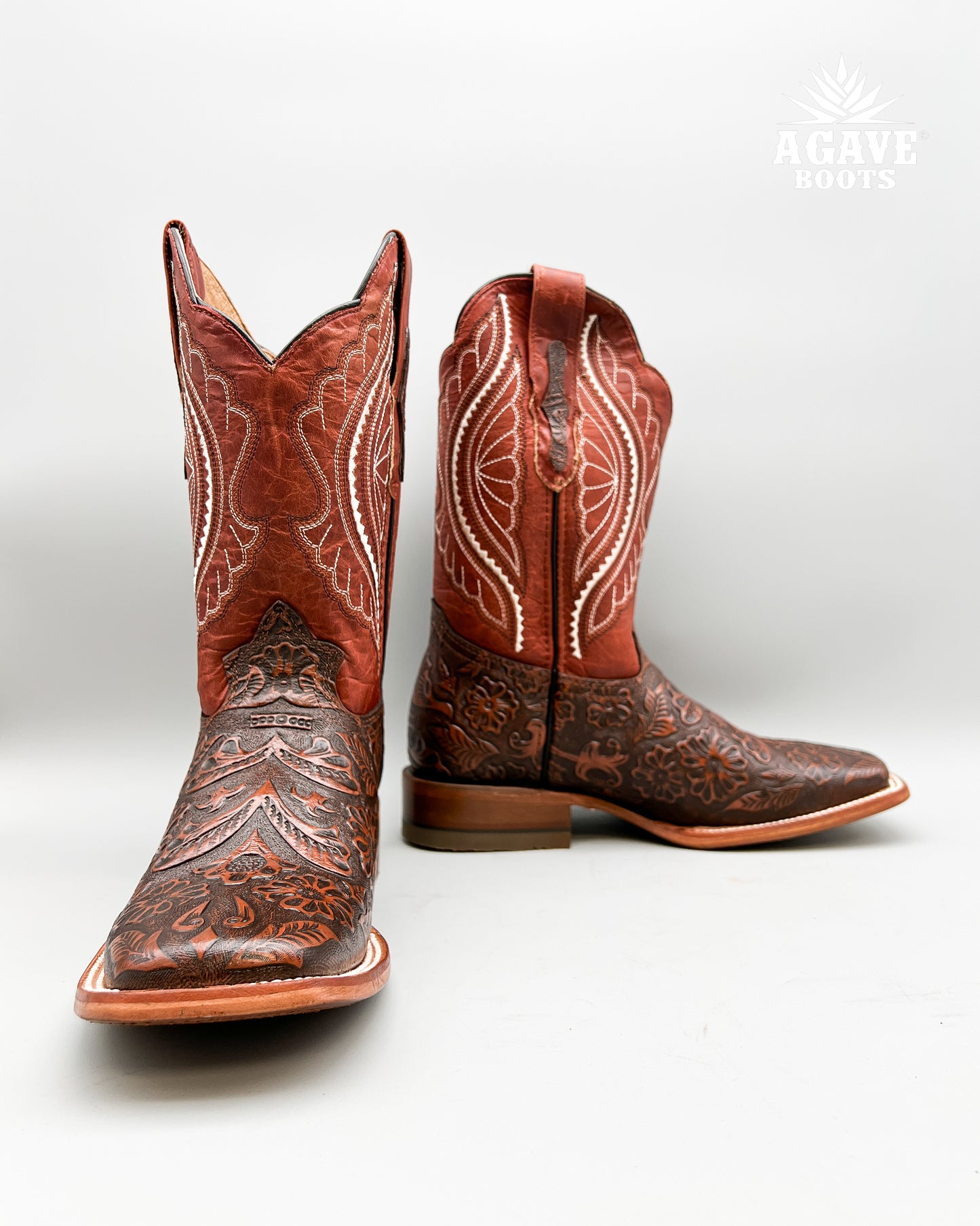 "COGNAC" TOOLED LEATHER | MEN SQUARE TOE WESTERN COWBOY BOOTS