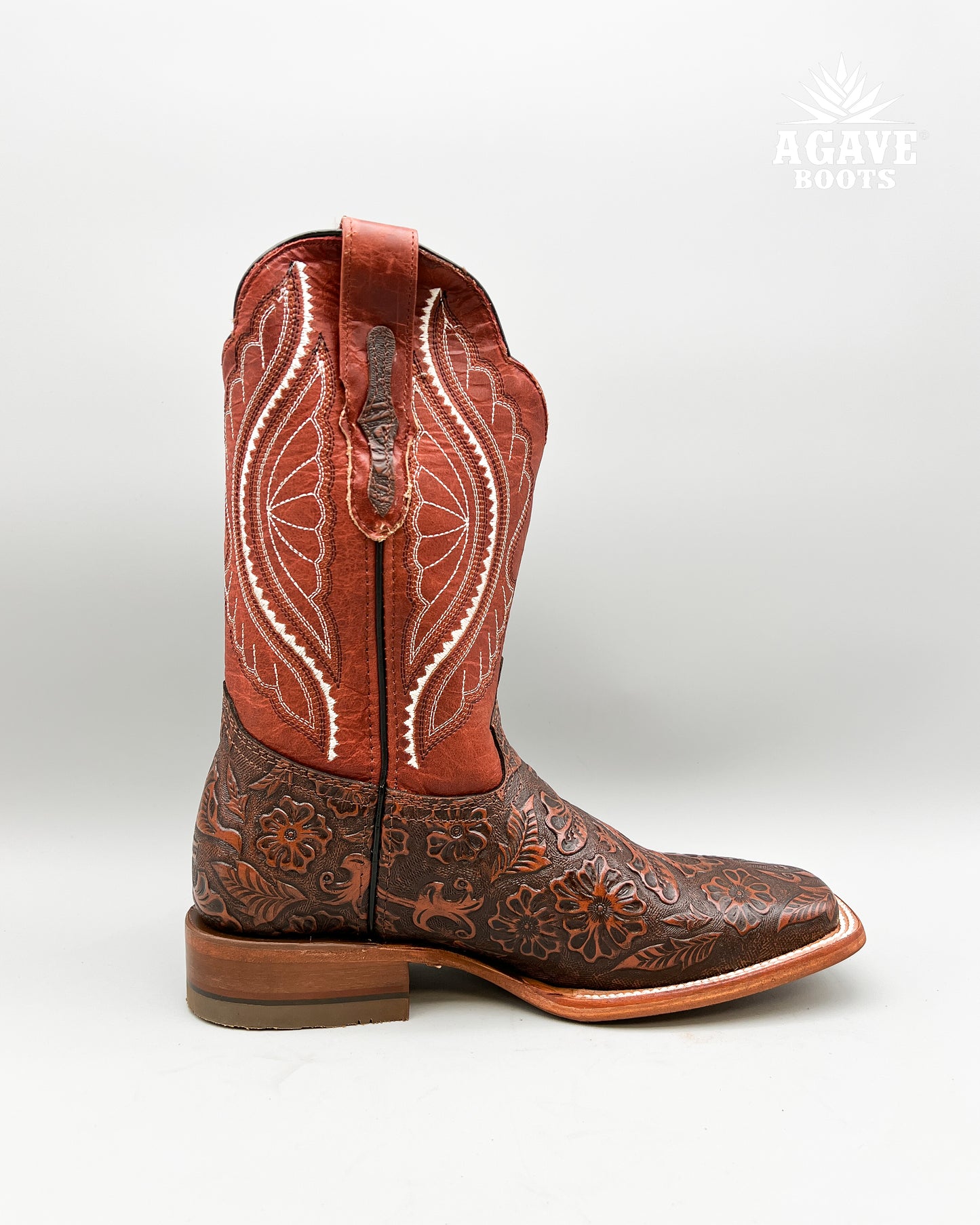 "COGNAC" TOOLED LEATHER | MEN SQUARE TOE WESTERN COWBOY BOOTS