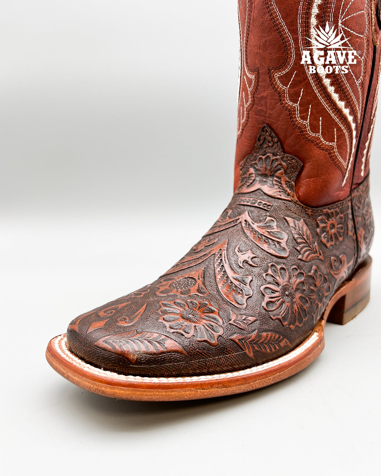 "COGNAC" TOOLED LEATHER | MEN SQUARE TOE WESTERN COWBOY BOOTS