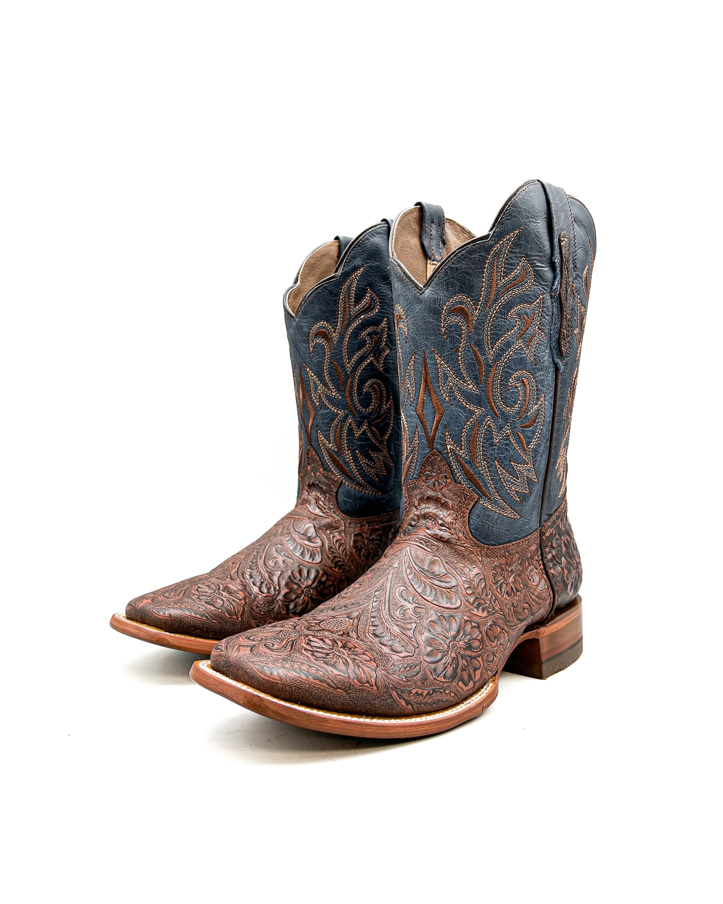 "BROWN" TOOLED LEATHER | MEN SQUARE TOE WESTERN COWBOY BOOTS