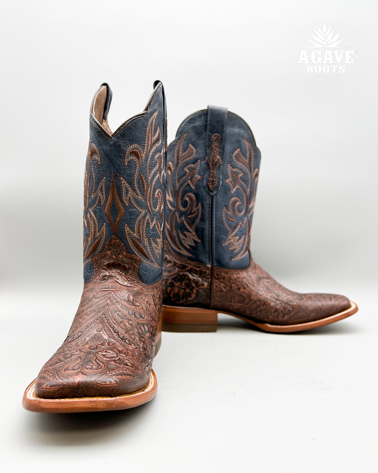 "BROWN" TOOLED LEATHER | MEN SQUARE TOE WESTERN COWBOY BOOTS