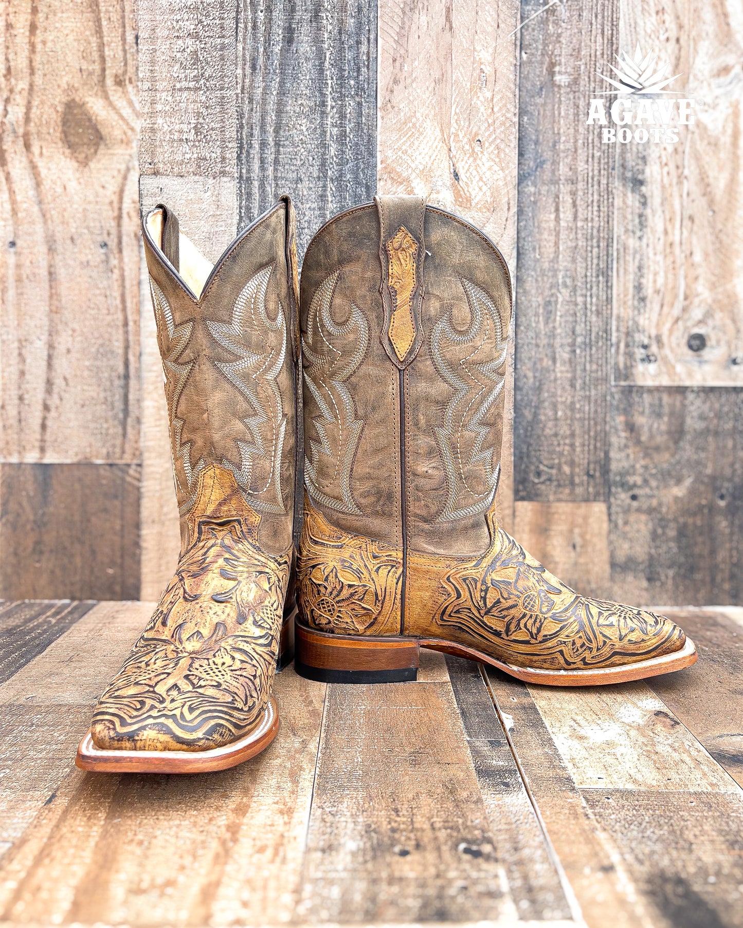 Cowboy Boot Light Brown Tooled Leather