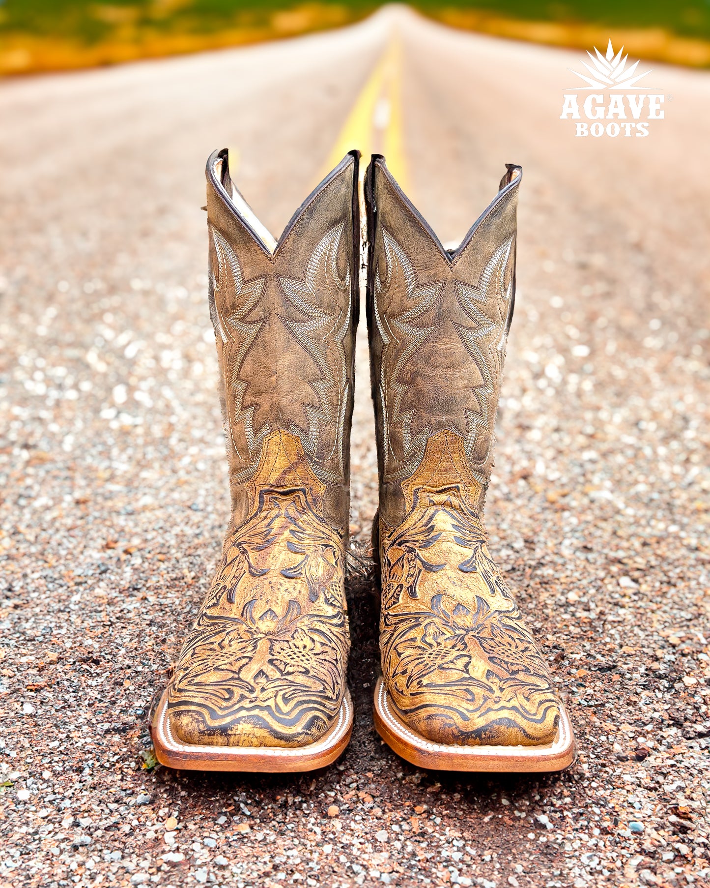 Cowboy Boot Light Brown Tooled Leather