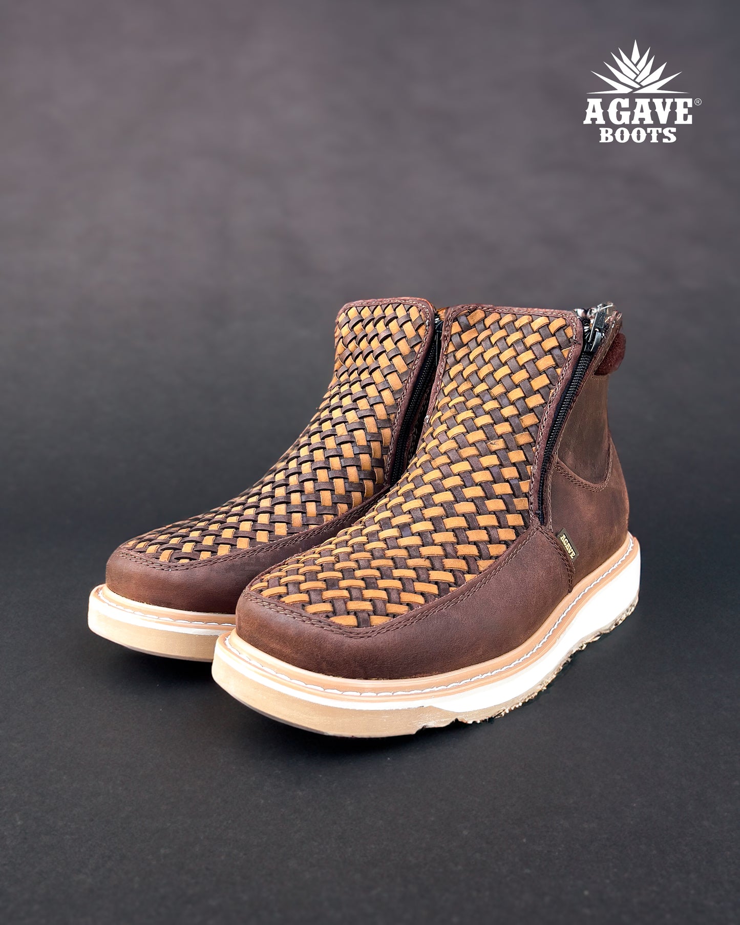 Zipper Shoe Woven Embroidered Brown Rubber Sole
