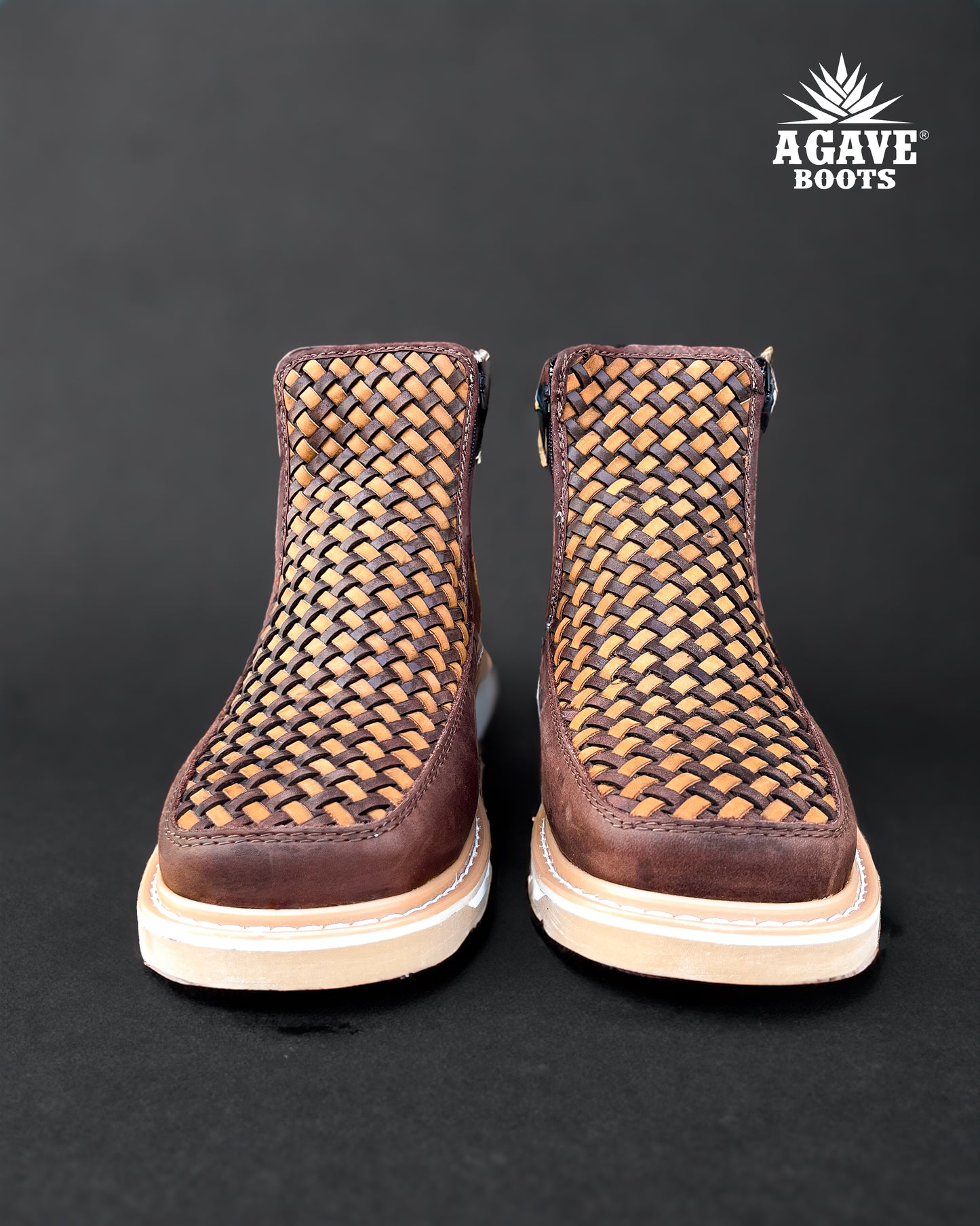 Zipper Shoe Woven Embroidered Brown Rubber Sole