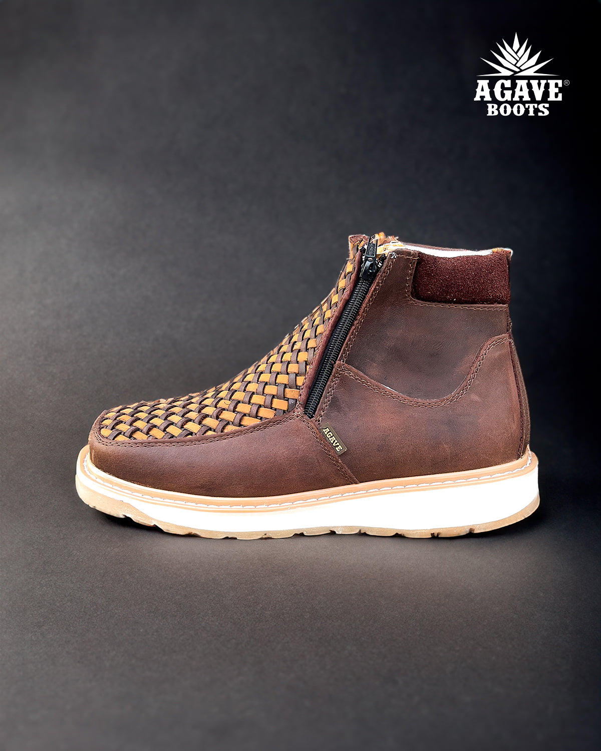 Zipper Shoe Woven Embroidered Brown Rubber Sole