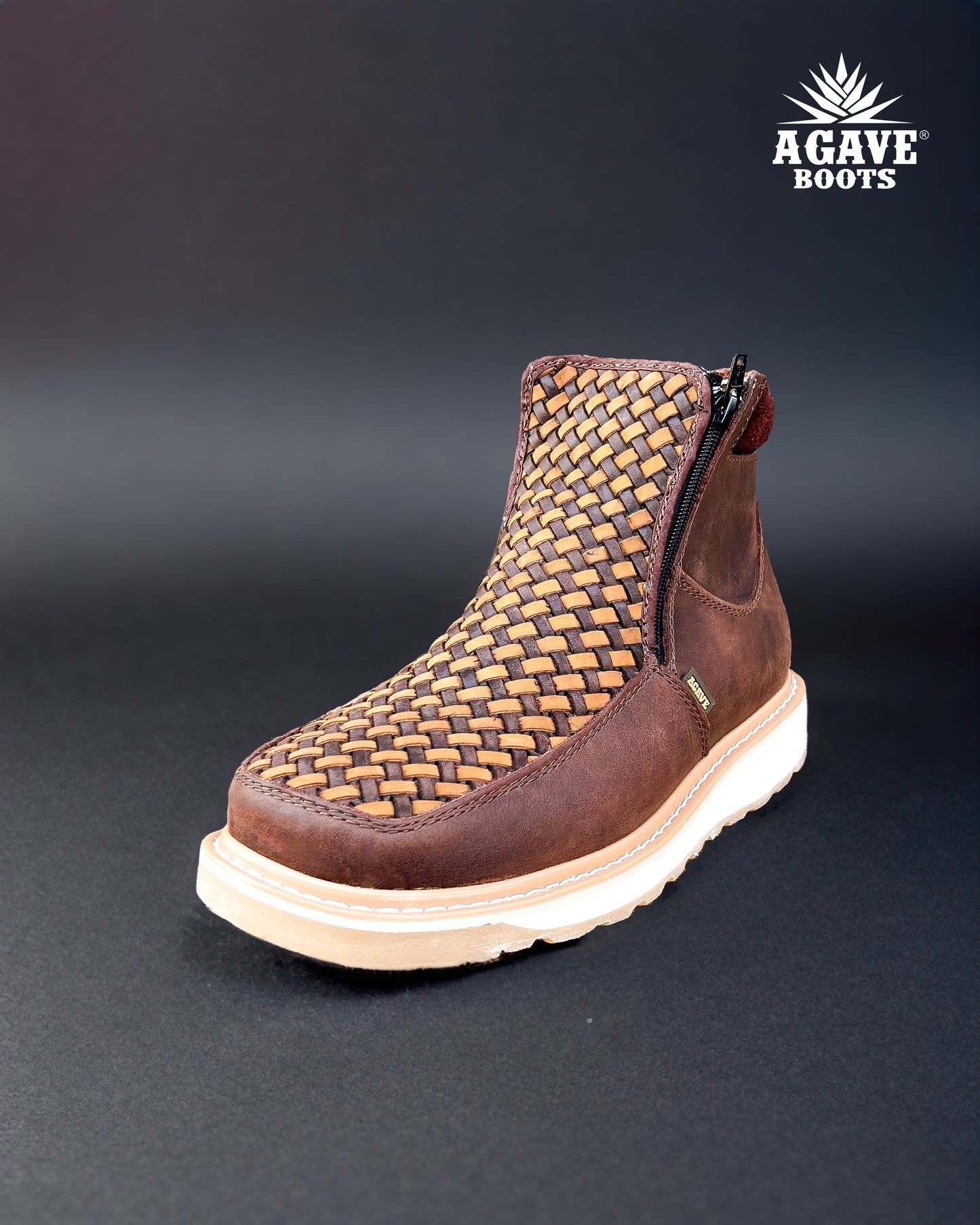 Zipper Shoe Woven Embroidered Brown Rubber Sole