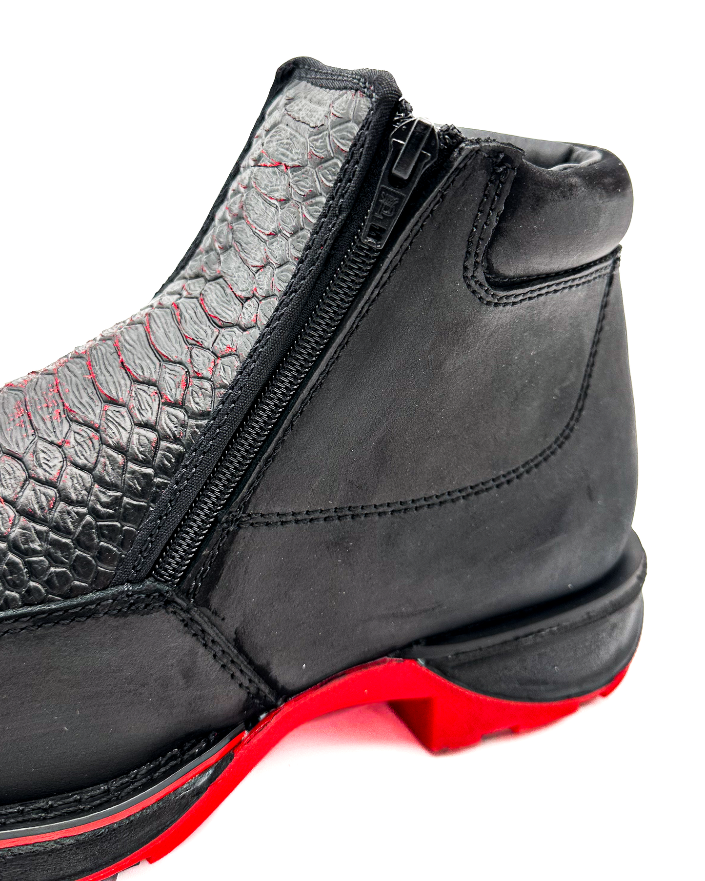 Zipper Shoe Black Red Python Rubber Sole