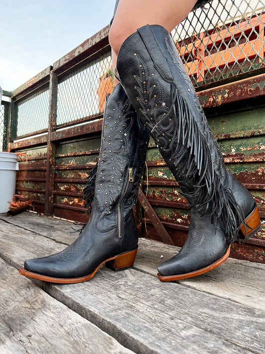 BLACK "PAULINA" FRINGE | WOMEN TALL COWBOY BOOTS