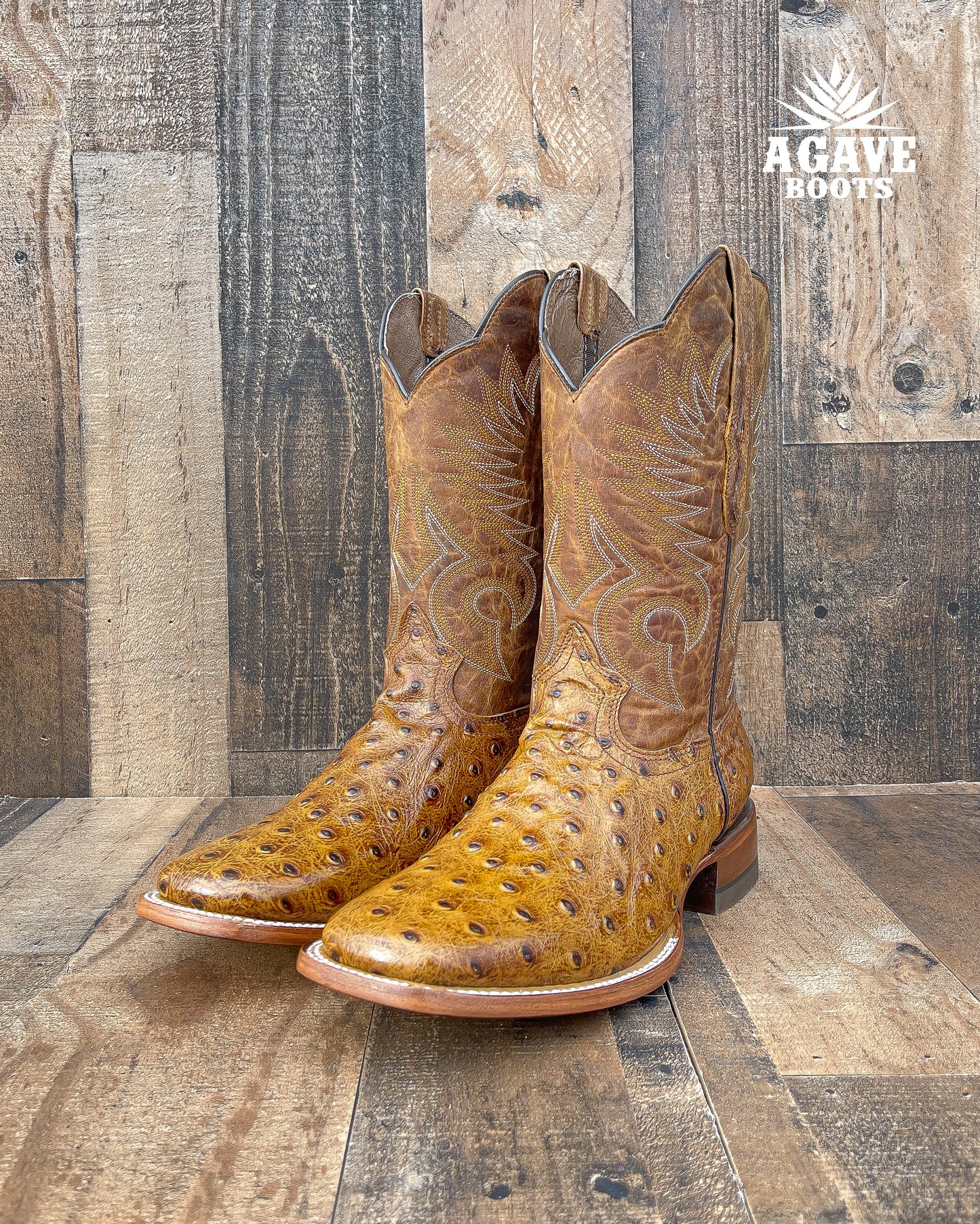 OSTRICH LIGHT BROWN | MEN SQUARE TOE WESTERN COWBOY BOOTS