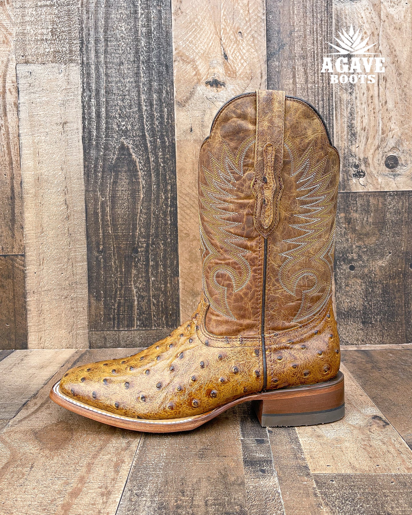 OSTRICH LIGHT BROWN | MEN SQUARE TOE WESTERN COWBOY BOOTS