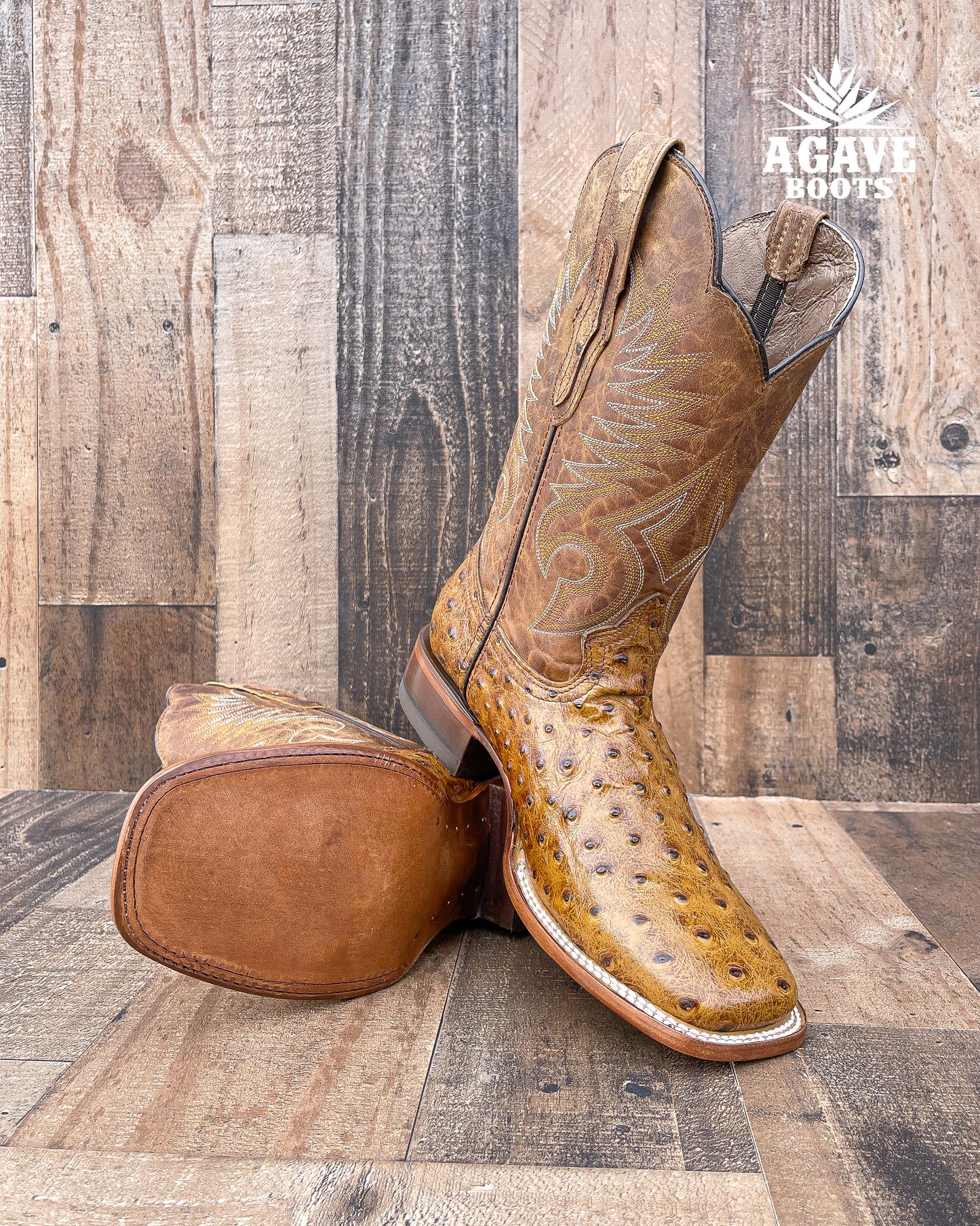 OSTRICH LIGHT BROWN | MEN SQUARE TOE WESTERN COWBOY BOOTS