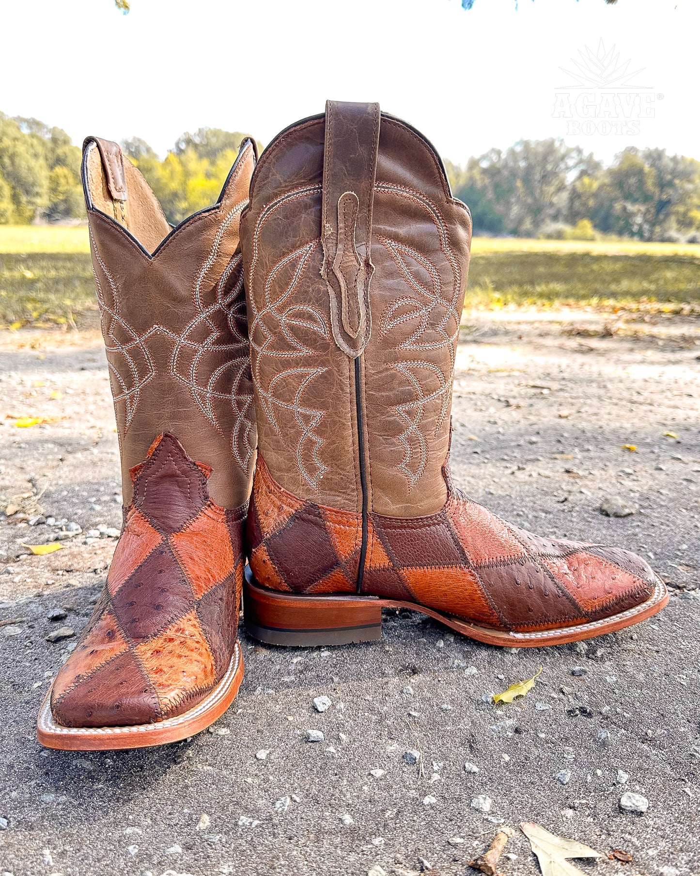 Cowboy Boot Ostrich Patchwork Brown