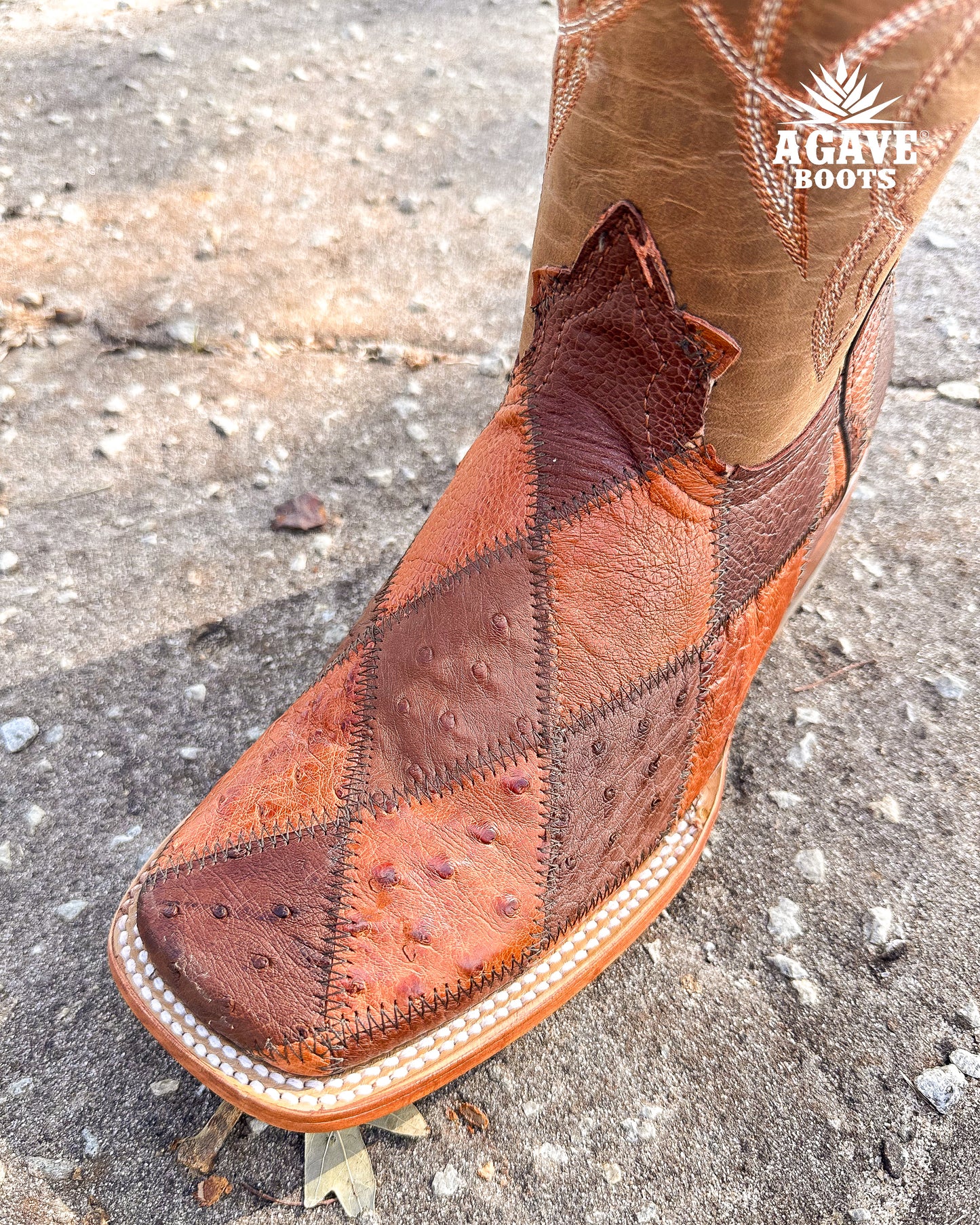 Cowboy Boot Ostrich Patchwork Brown
