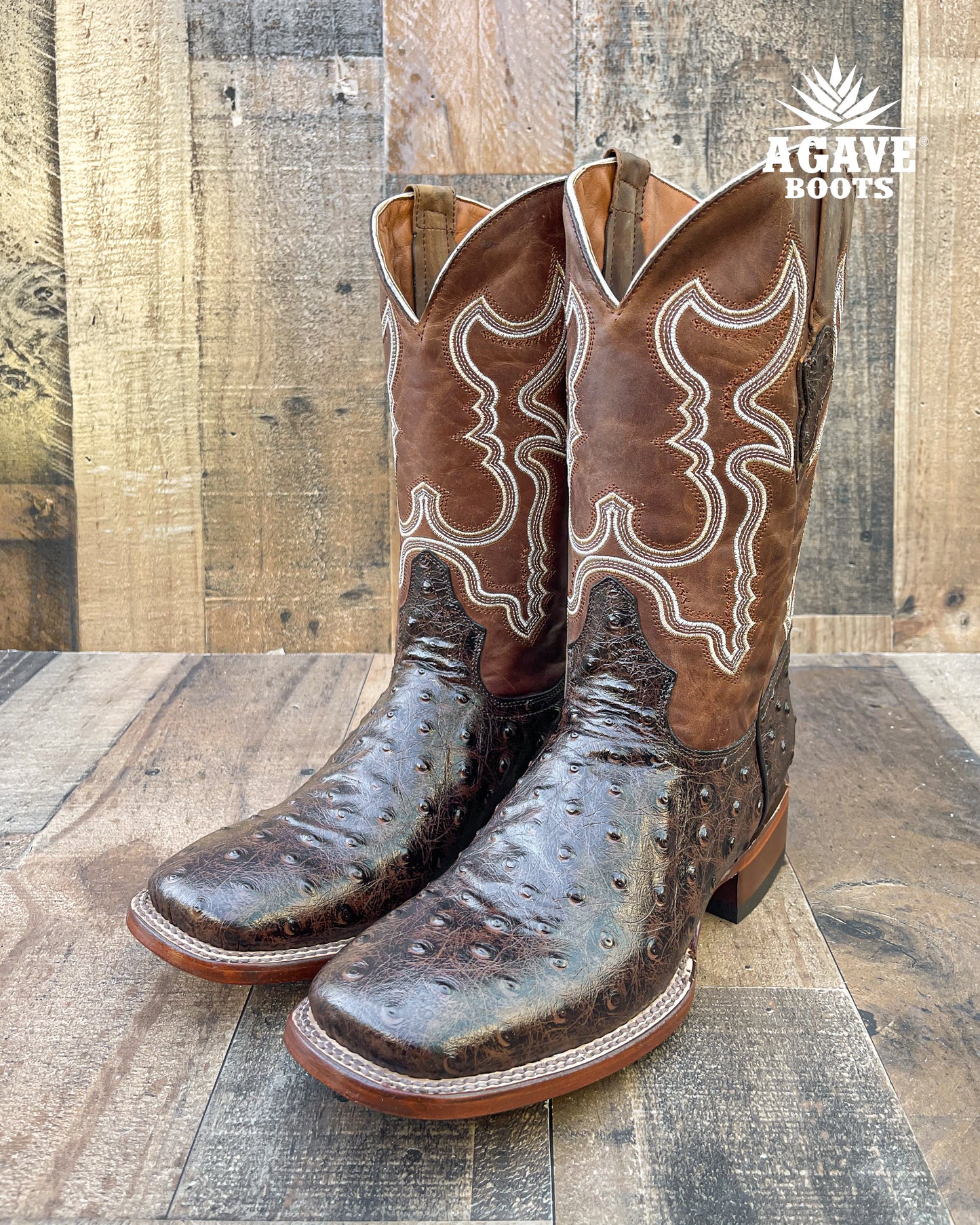 "RANCH" OSTRICH BROWN | MEN SQUARE TOE WESTERN COWBOY BOOTS