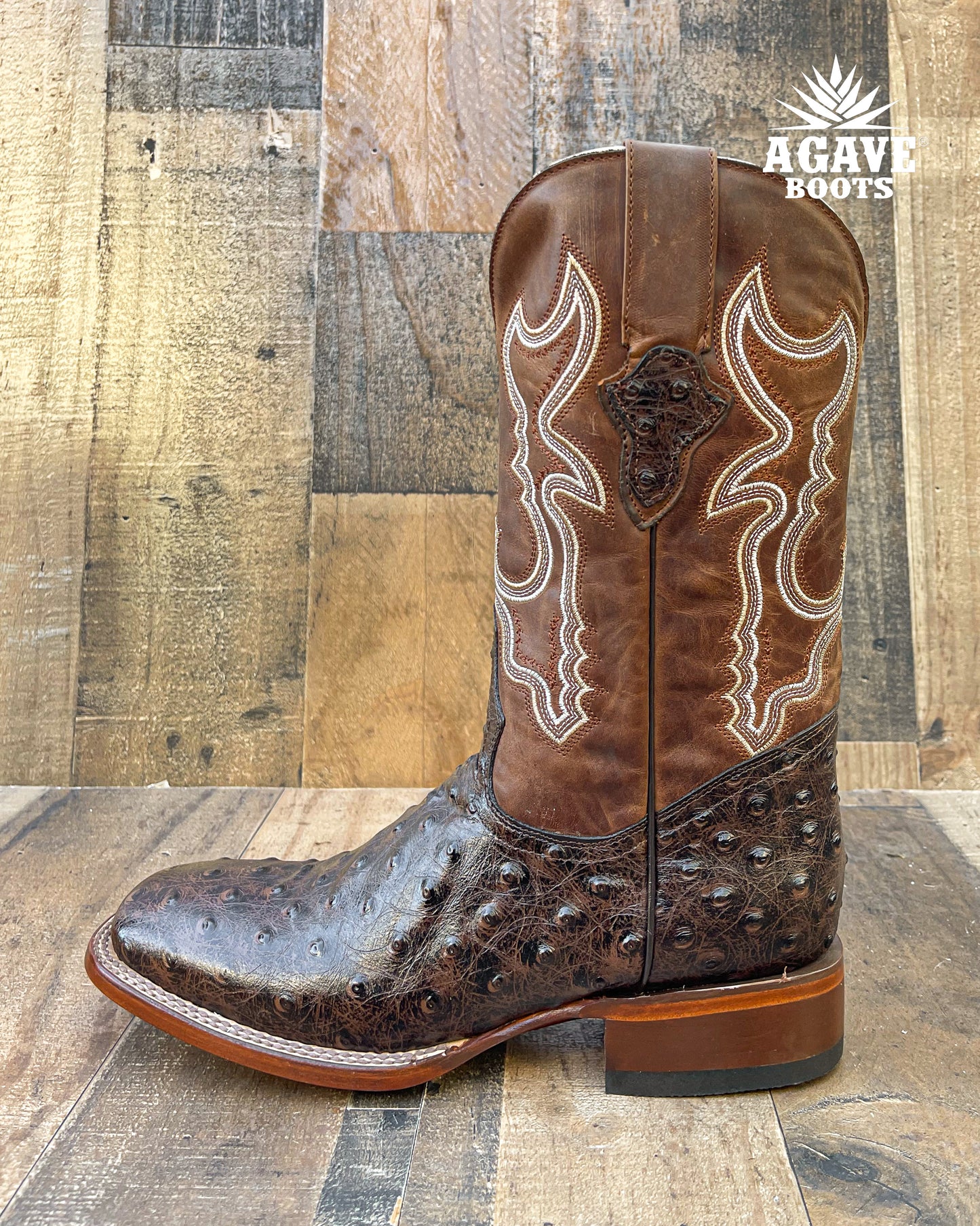 "RANCH" OSTRICH BROWN | MEN SQUARE TOE WESTERN COWBOY BOOTS