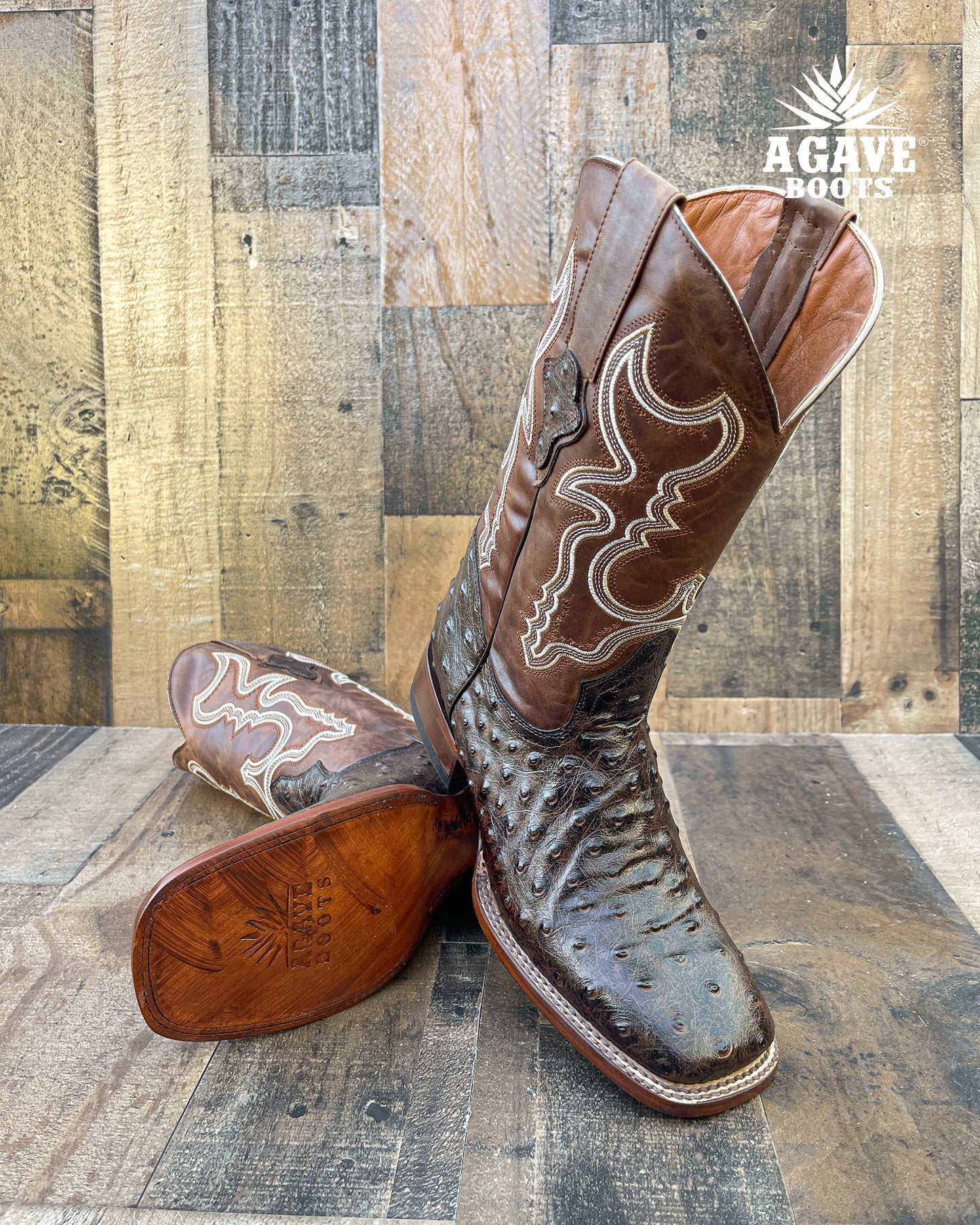 "RANCH" OSTRICH BROWN | MEN SQUARE TOE WESTERN COWBOY BOOTS