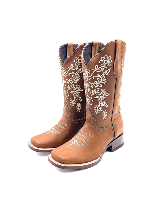 Cowboy Boot Floral Embroidered Brown
