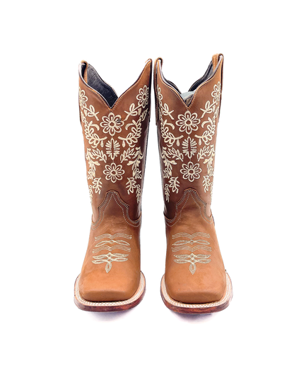 Cowboy Boot Floral Embroidered Brown