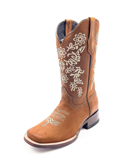 Cowboy Boot Floral Embroidered Brown