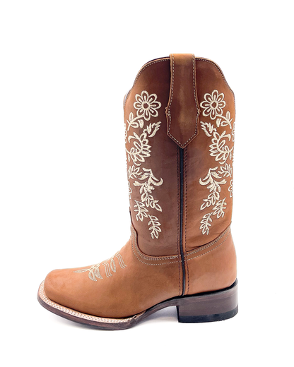 Cowboy Boot Floral Embroidered Brown