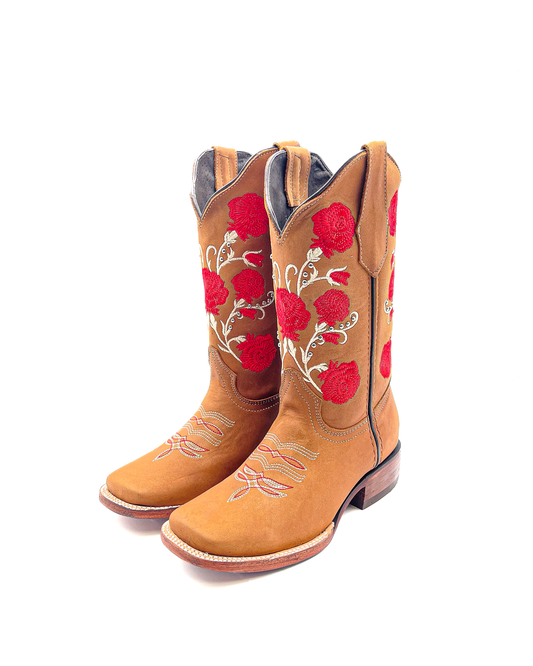 Cowboy Boot Rose Embroidered Brown