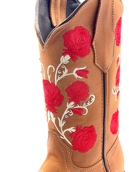 Cowboy Boot Rose Embroidered Brown