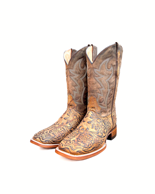 Cowboy Boot Light Brown Tooled Leather