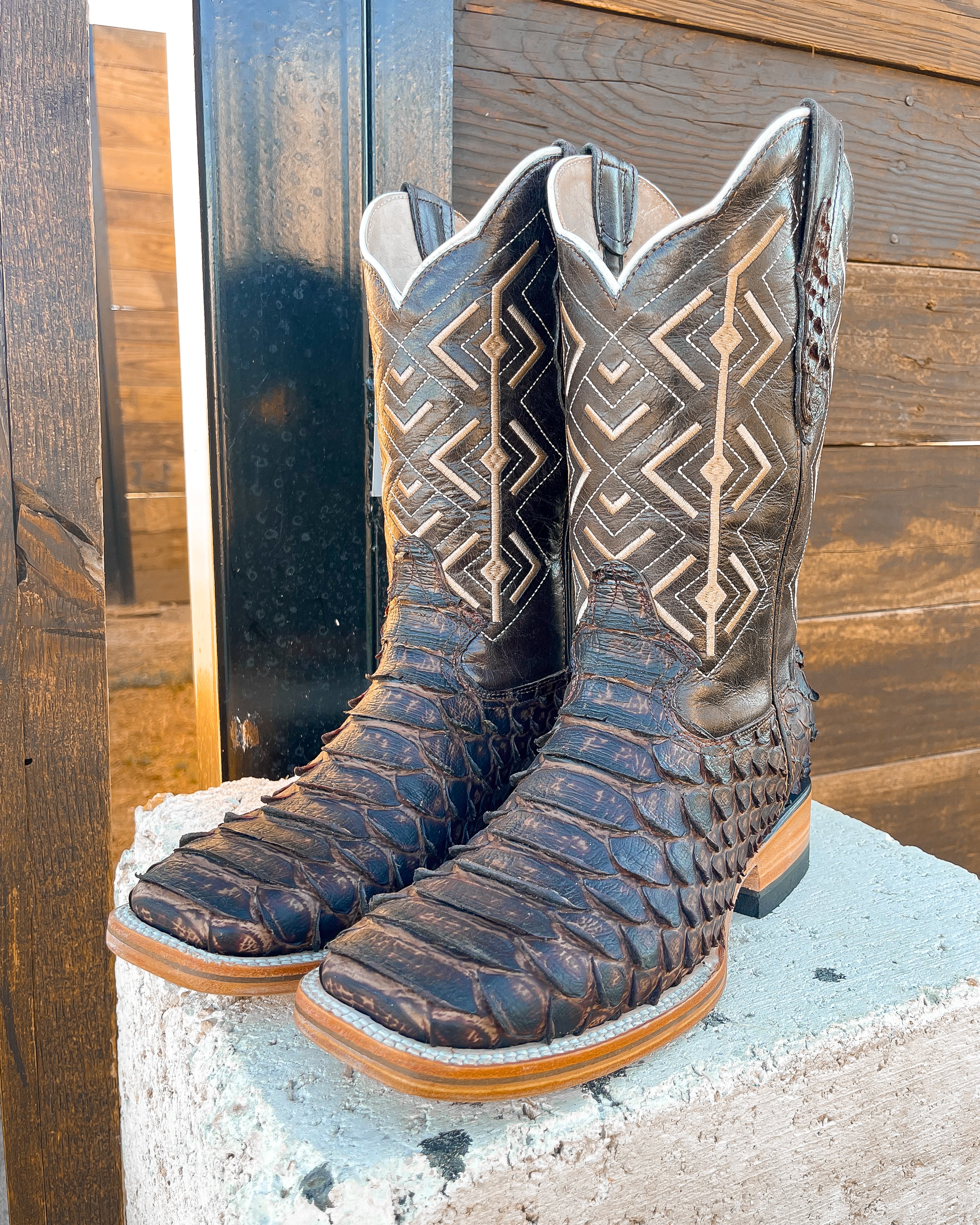 BROWN PYTHON MEN SQUARE TOE WESTERN COWBOY BOOTS