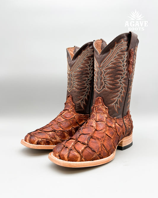 COGNAC PIRARUCU FISH  BASS GENUINE EXOTIC | MEN SQUARE TOE COWBOY BOOTS