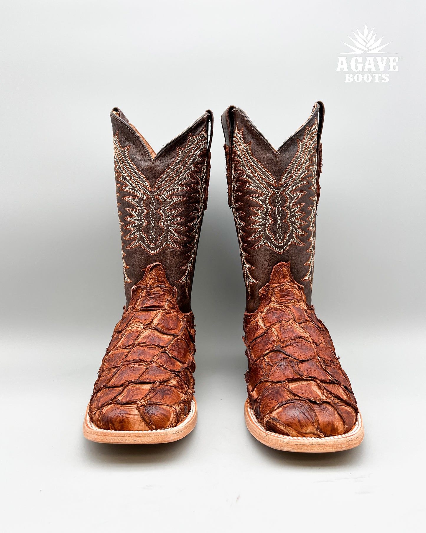 COGNAC PIRARUCU FISH  BASS GENUINE EXOTIC | MEN SQUARE TOE COWBOY BOOTS