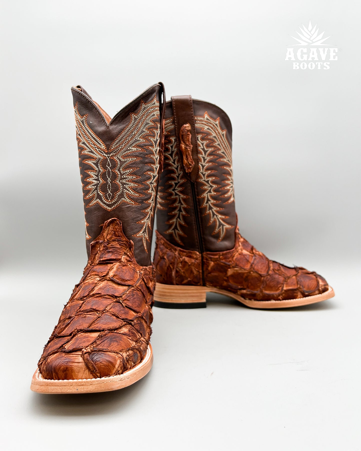 COGNAC PIRARUCU FISH  BASS GENUINE EXOTIC | MEN SQUARE TOE COWBOY BOOTS