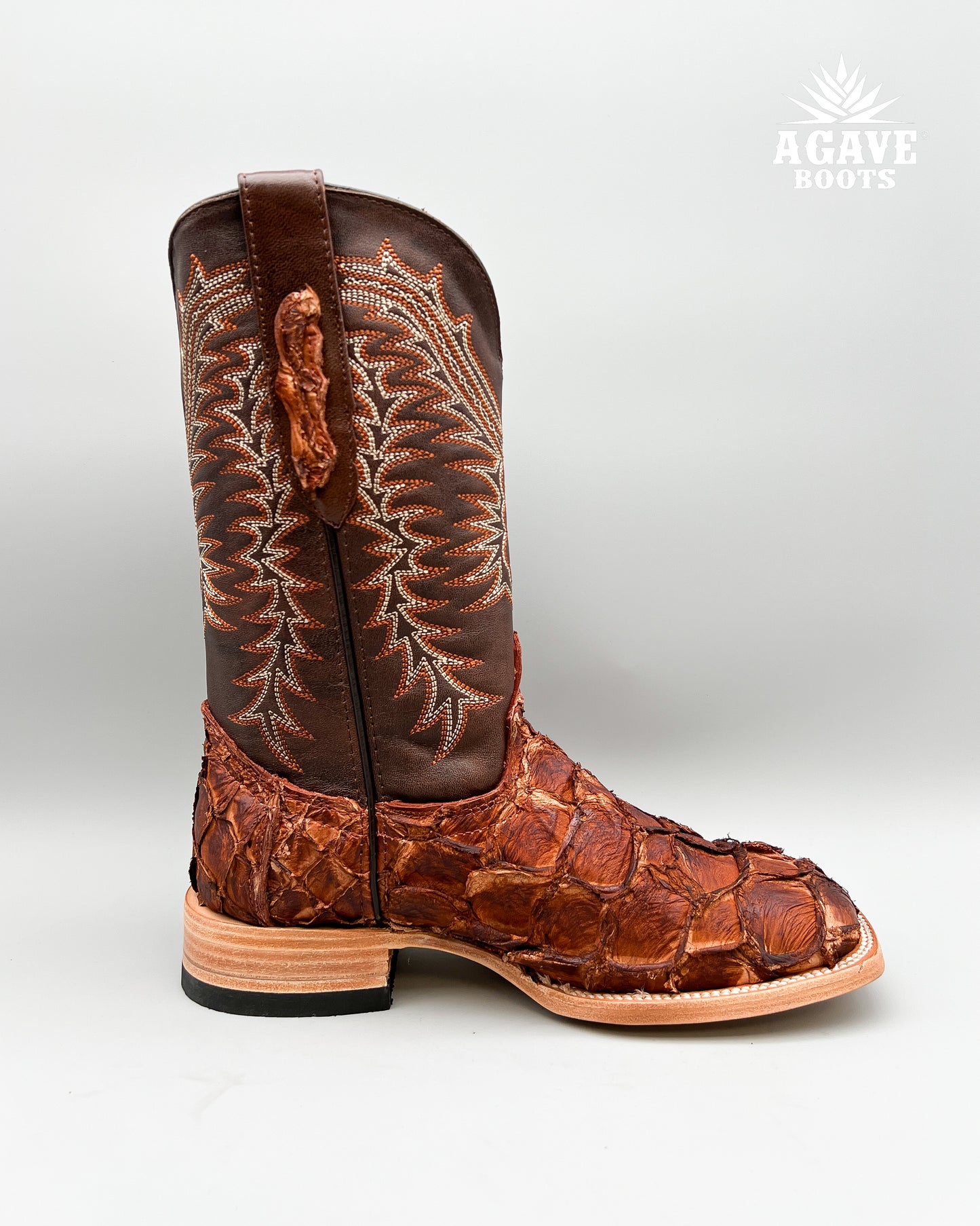 COGNAC PIRARUCU FISH  BASS GENUINE EXOTIC | MEN SQUARE TOE COWBOY BOOTS