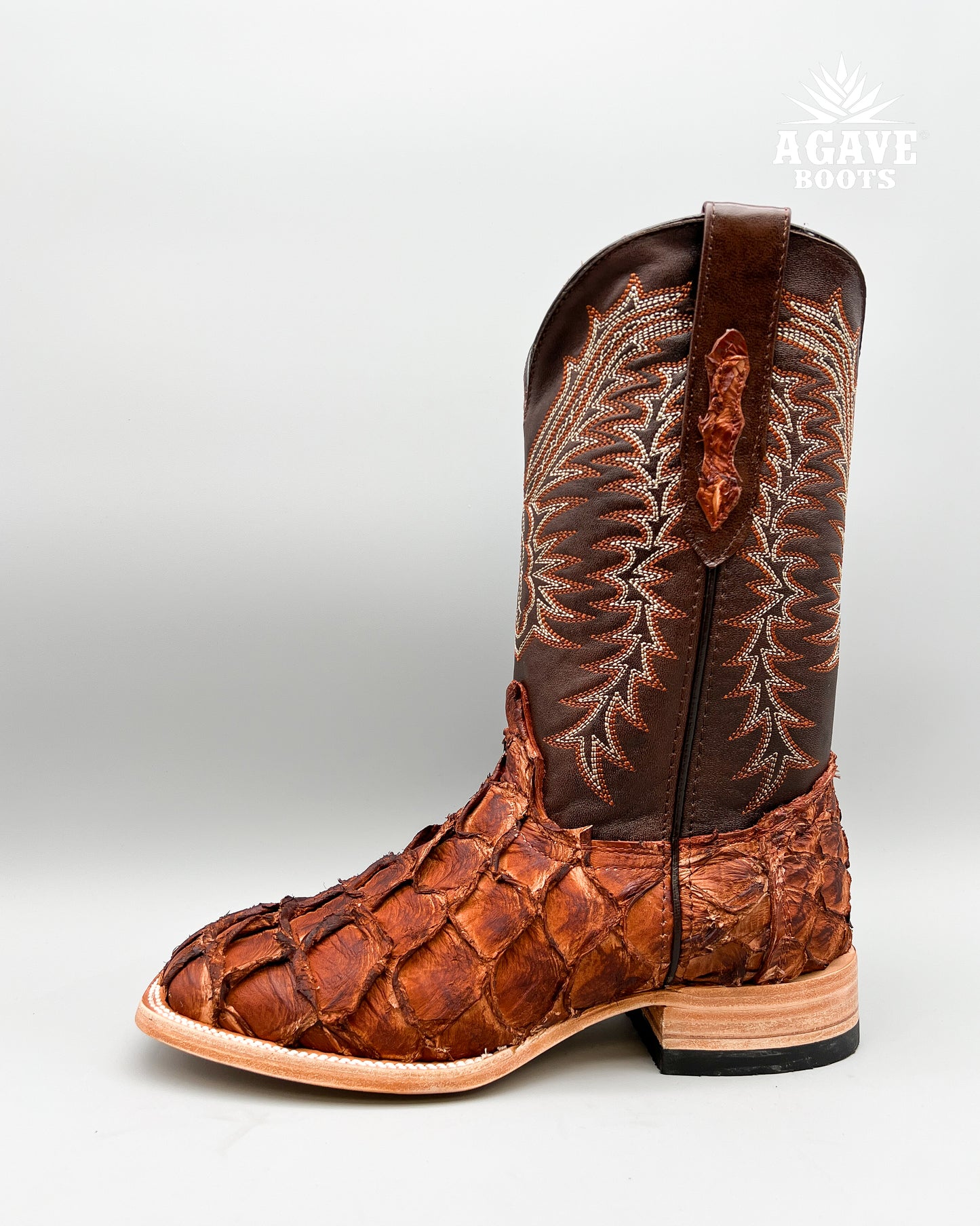 COGNAC PIRARUCU FISH  BASS GENUINE EXOTIC | MEN SQUARE TOE COWBOY BOOTS