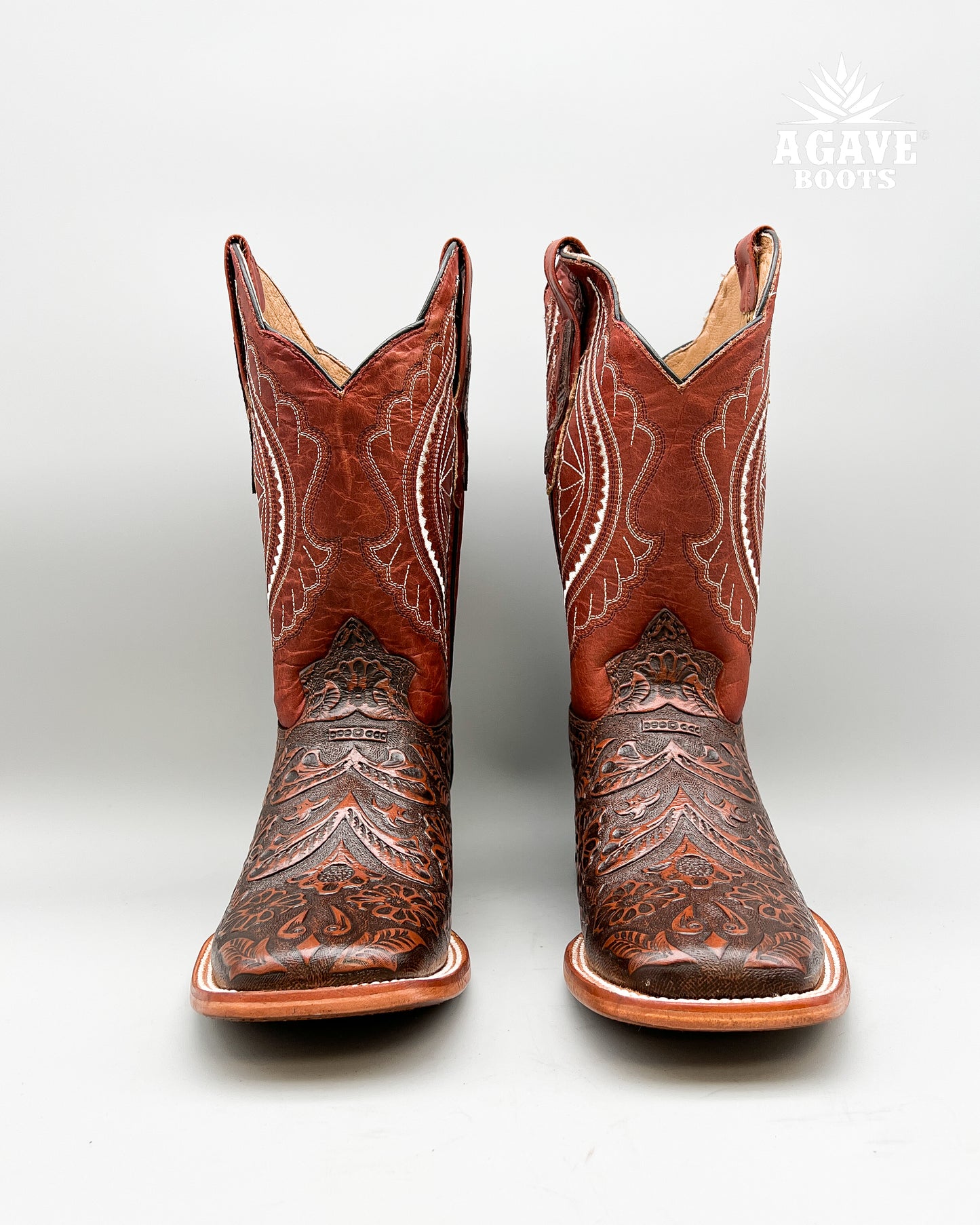 "COGNAC" TOOLED LEATHER | MEN SQUARE TOE WESTERN COWBOY BOOTS