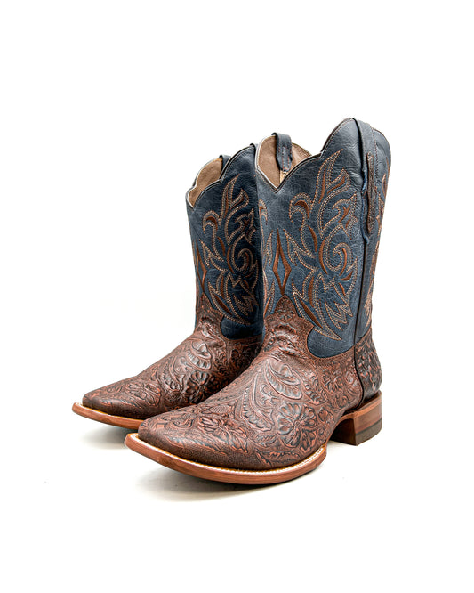 "BROWN" TOOLED LEATHER | MEN SQUARE TOE WESTERN COWBOY BOOTS
