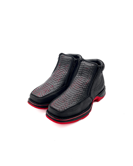 Zipper Shoe Black Red Python Rubber Sole