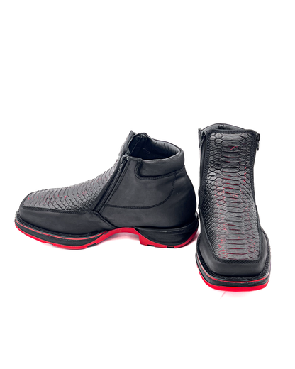 Zipper Shoe Black Red Python Rubber Sole