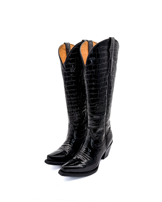 Cowboy Boot Michelle Tall Croc Print Black