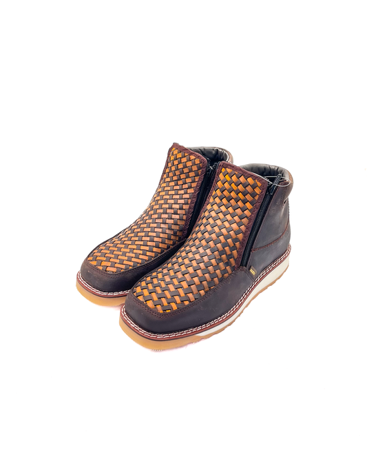 Zipper Shoe Woven Embroidered Brown Rubber Sole