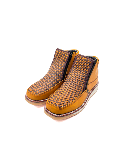Zipper Shoe Woven Embroidered Light Brown Rubber Sole