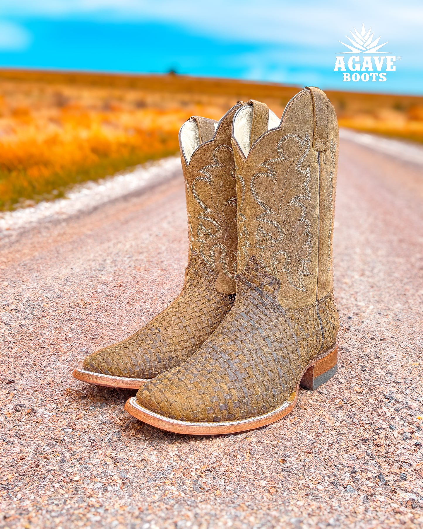 "RUSTIC BROWN" BASKET WEAVE PETATILLO | MEN SQUARE TOE WESTERN COWBOY BOOTS