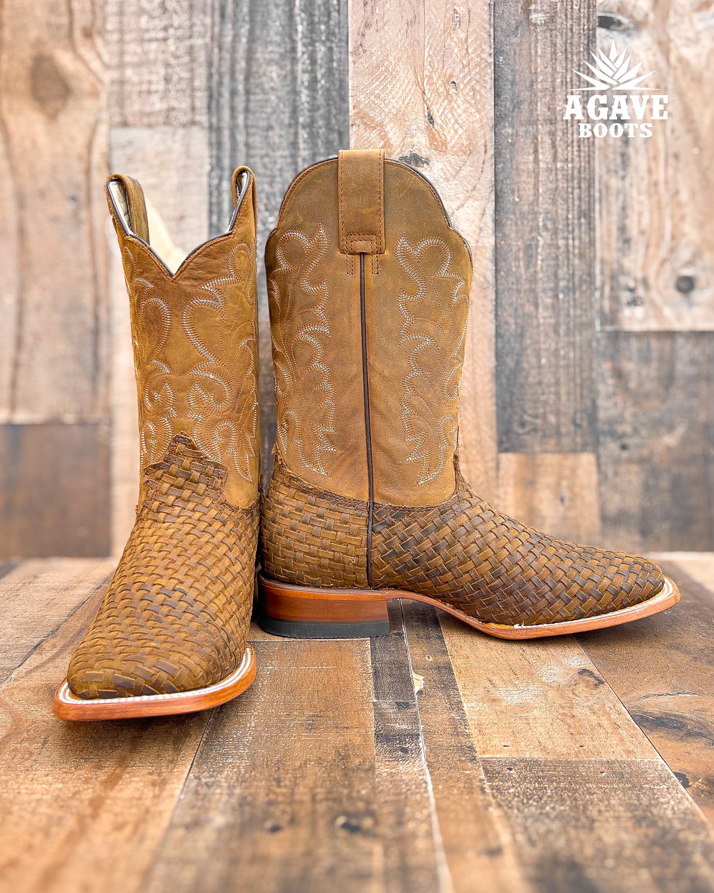 "RUSTIC BROWN" BASKET WEAVE PETATILLO | MEN SQUARE TOE WESTERN COWBOY BOOTS