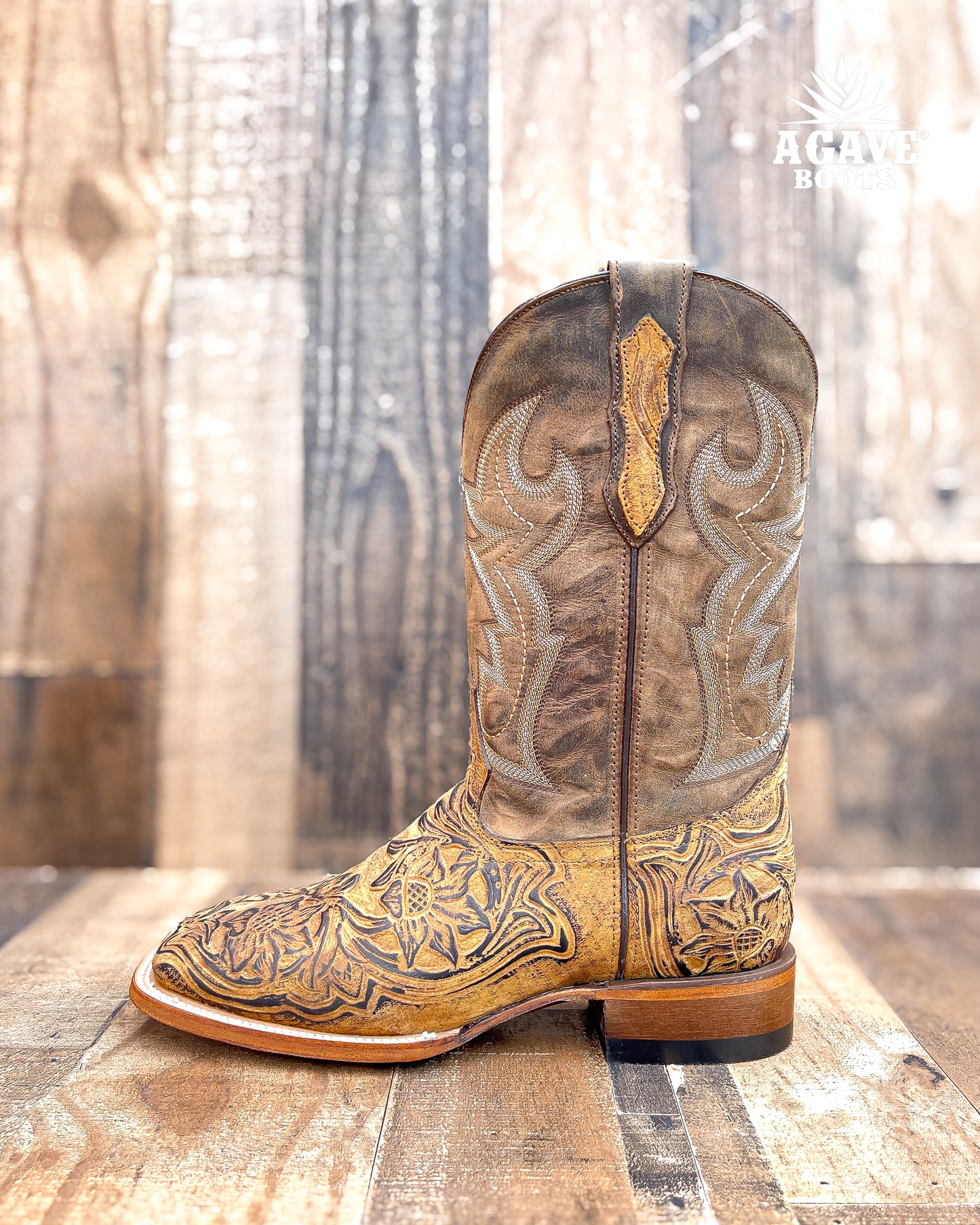 LIGHT BROWN TOOLED LEATHER | MEN SQUARE TOE WESTERN COWBOY BOOTS
