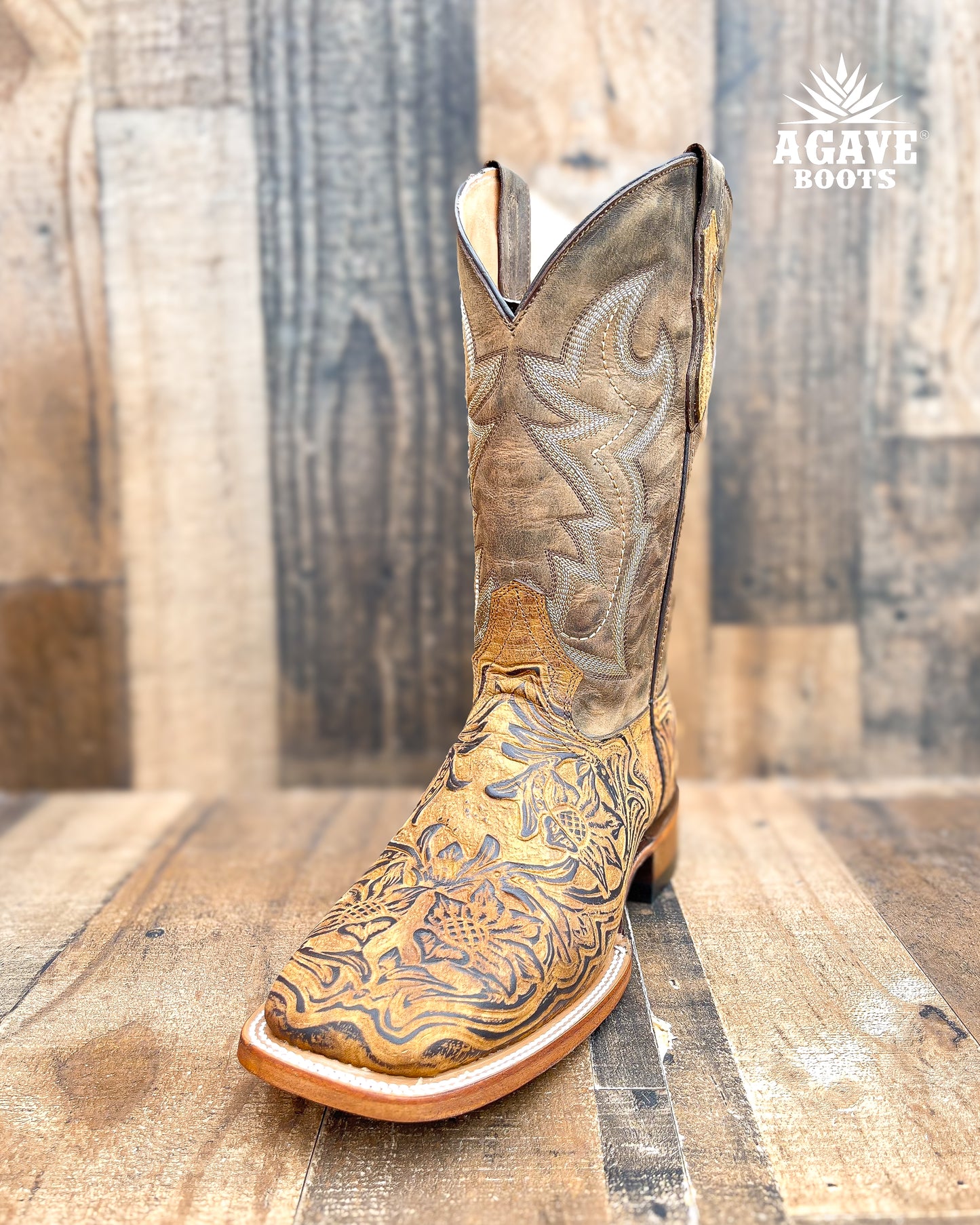 LIGHT BROWN TOOLED LEATHER | MEN SQUARE TOE WESTERN COWBOY BOOTS