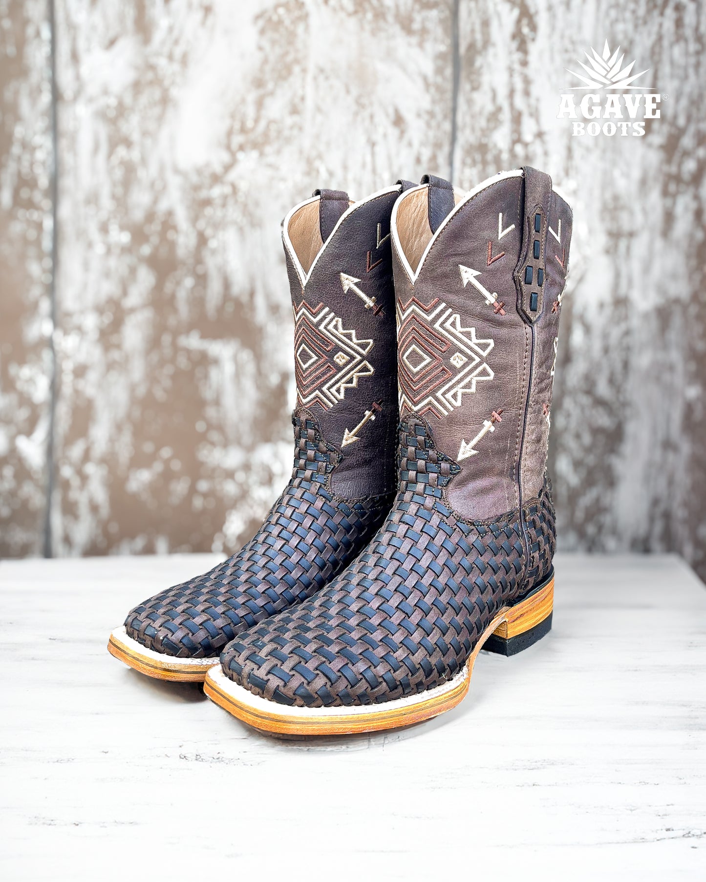 BLACK BROWN BASKET WEAVE PETATILLO | MEN SQUARE TOE WESTERN COWBOY BOOTS