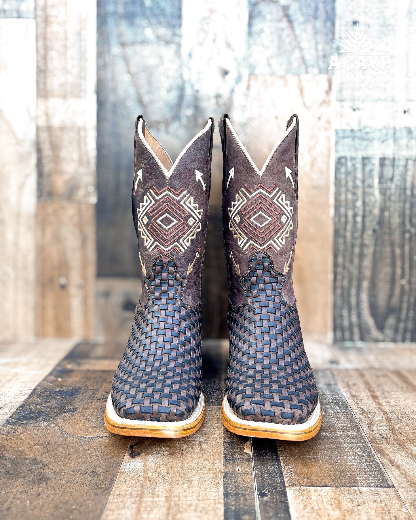 BLACK BROWN BASKET WEAVE PETATILLO | MEN SQUARE TOE WESTERN COWBOY BOOTS