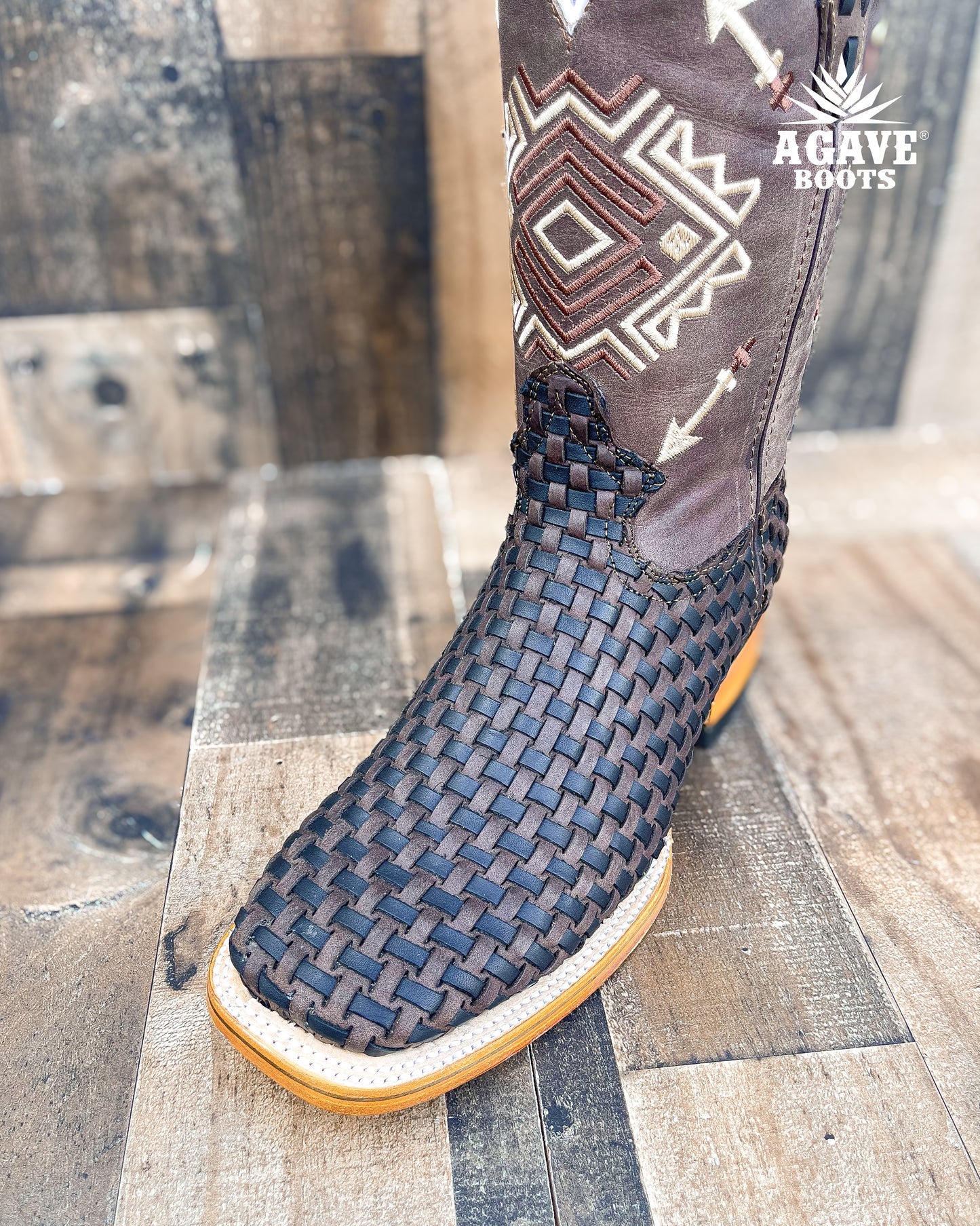 BLACK BROWN BASKET WEAVE PETATILLO | MEN SQUARE TOE WESTERN COWBOY BOOTS