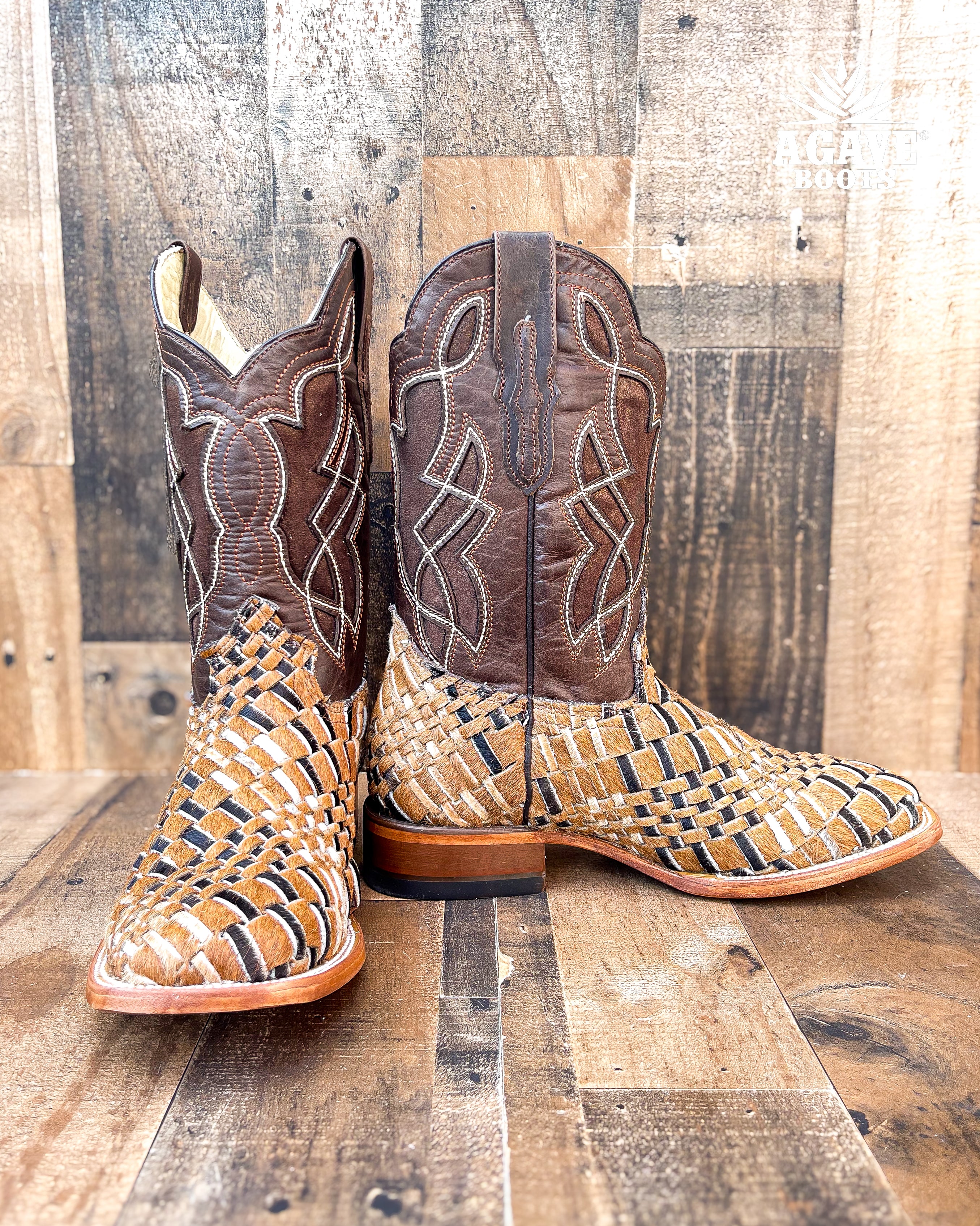 COWHIDE WEAVE HAND WOVEN BRAIDED COWHIDE MEN SQUARE TOE COWBOY B Agave Boots